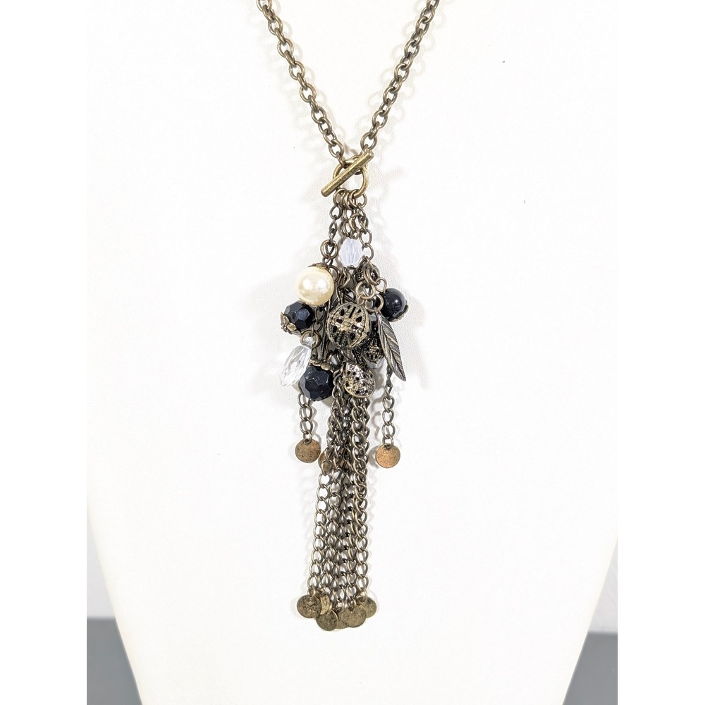 Bronze Tone Multi Chain Tassel Necklace Faux Pearl Bead Boho 20 Inch